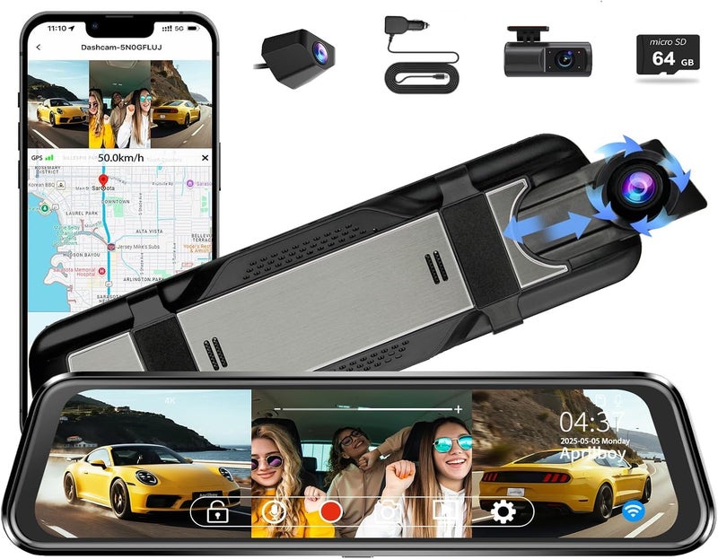 Aprilboy 3 Channel Mirror Dash Camera for Cars, 10" Triple Rear View Mirror with Front 4K/3K, Inside and Rear 1080P with WiFi, G-Sensor, Night Vision, Reverse Assist, Parking Monitoring - Image 1